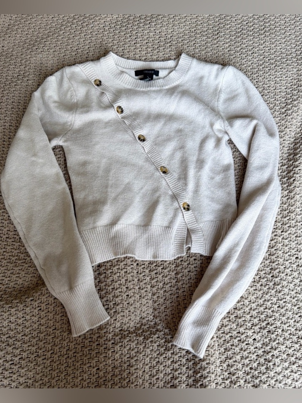 F21 Cream Asymmetric Button Up Sweater